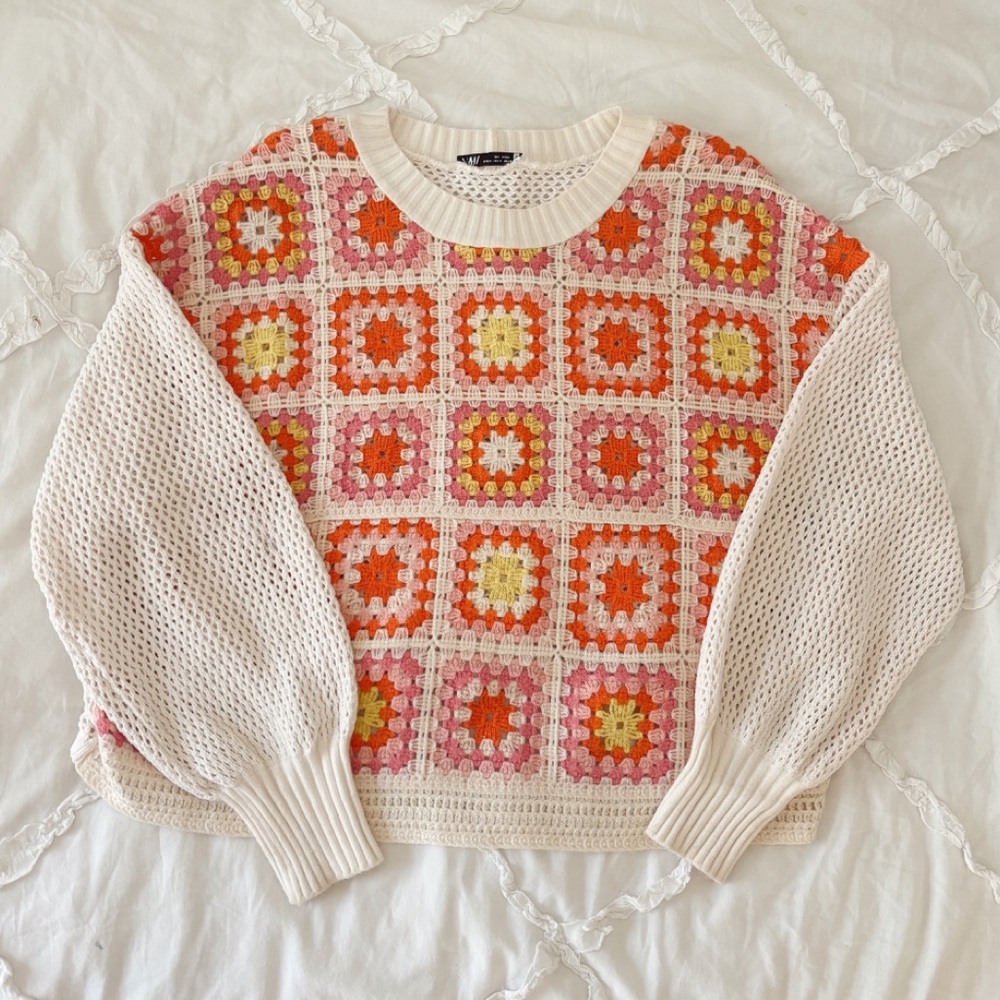 Zara Cream Crochet-Front Crewneck Sweater with Pink, Orange & Yellow Motifs
